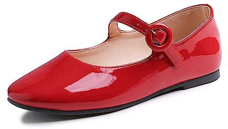 Feversole Girls Cute Dress, Mädchen süßes Kleid Mary Jane Schuhe weiche Party Urlaub Ballerinas Runde Spitze Stretchy,Synthetik Patent Schnalle Rot Größe 31 EU