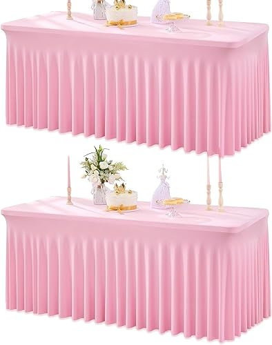 NSSONBEN Lot de 2 nappes en élasthanne Rose pour Tables rectangulaires de 180 cm, infroissables, Extensibles avec Jupe pour Banquet, fête, Mariage, Anniversaire, réunion, décoration