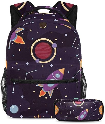 VAPOKF Schulranzen-Set für Teenager, Mädchen, Jungen, Schüler-Büchertasche, Rucksack mit Federmäppchen für die Schule – Cartoon Rakete Planet Nebel Sterne, multi, Einheitsgröße, Schulranzen-Sets