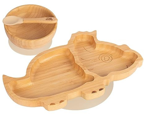 Tiny Dining Baby Dinner Set - Dinosaur - Beige - 3pc - Divided Non-Slip Bamboo Self-Feeding Weaning Plate, Bowl & Spoon for Babies, Toddlers, Children