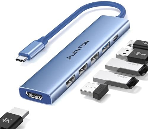 LENTION Hub USB C con HDMI 4K, PD 100W, USB C USB 3.0 & 2.0, Adattatore per MacBook Pro 2024-2016, MacBook Air 2024-2018, iPad Pro Air, iPhone 16/15 Plus Pro Max, Surface Pro (CH17, Blu)