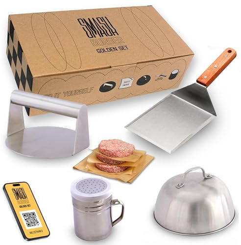 ADEGO Kit Smash Burger Profesional de Acero Inoxidable + QR con Recetario - Producto Certificado EU Contacto con Alimentos - Set Smash Burger Profesional - Aplastador Hamburguesa