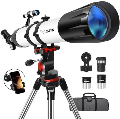 Dianfan 90/800 (32X-240X) Telescopio Astronómico Profesional para Niños y Adultos.Telescopio Refractor para Principiantes,con Trípode Inoxidable y Adaptador para Teléfono, Bolsa