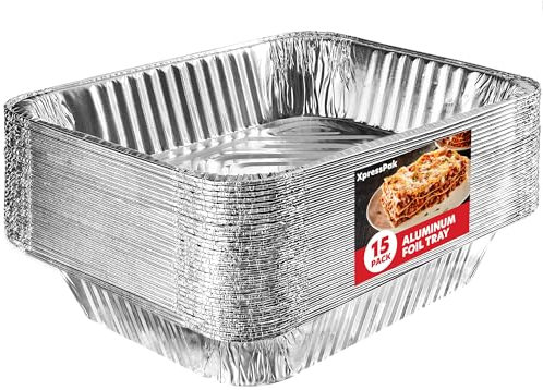 XpressPak Large Aluminium Foil Trays - [15-Pack Value] - Disposable Baking Foil Pans - (32X26 cm - 10X12 inches) - Half Size, Deep Steam Table Pans for Baking, Roasting & Food Prepping
