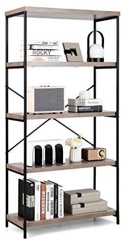COSTWAY 5-Tier Bookshelf, Wooden Storage Bookcase Ladder Shelving Unit with X-Shaped Bar, Freestanding Metal Frame Display Rack Plant Stand (Grey, 79 x 35 x 159cm)