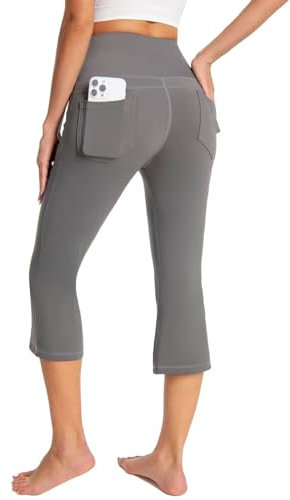 GEMZIX Damen Kühlende Bootcut Capri Leggings 3/4 Sommer Butterweiche High Waist Stretch Flared Yogahose Leicht Blickdicht Schlaghose Arbeitshose mit Taschen Jeggings für Gym Alltag, Grau, L