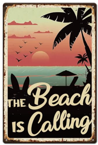SUPERDANT Blechschild The Beach Is Calling Metallschild Strandposter Eisenwandkunst Retro Blechschilder Heimwanddekoration Metallschilder Für Bars Kneipen Schlafzimmer 20x30 cm