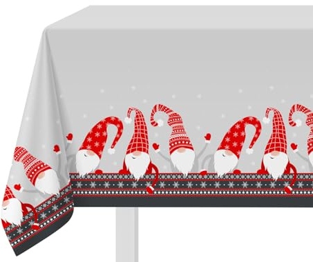 KASANOVA Schmutzabweisende Weihnachtstischdecke mit Wichteln und grauem Rand