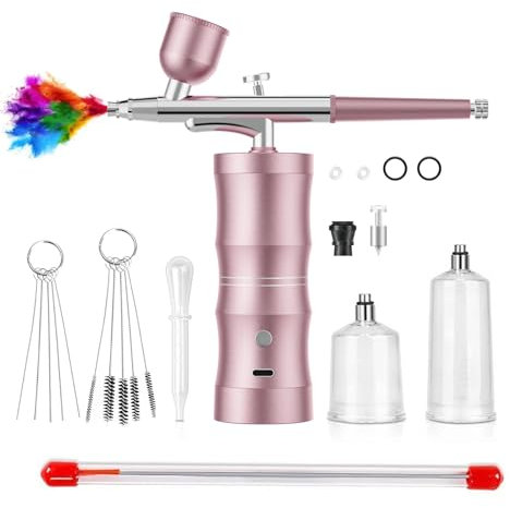 Air brush kit with air compressor,32PSI Airbrush kit Rechargeable Auto Handheld Cordless Airbrush Set Wireless, Barber Air Brush kit, Nail Art, Cake Decor, Makeup, Model Painting (Pink)