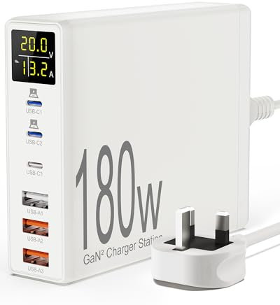 USB Charging Station, Sanicata 180W 6-Port USB C Charger for Multiple Devices, GaN USB Charging with LCD Display, Multiport USB Charger Block for iPad iPhone Galaxy Android-White