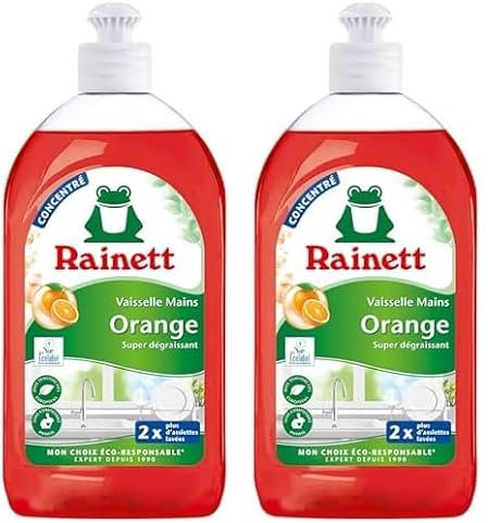 RAINETT - Liquide Vaisselle Mains à l'Orange - Formule Concentrée Super-Dégraissante - Testé Dermatologiquement - Flacon Recyclé & Recyclable - Ecolabel - Format Compact - 500 ml (Lot de 2)