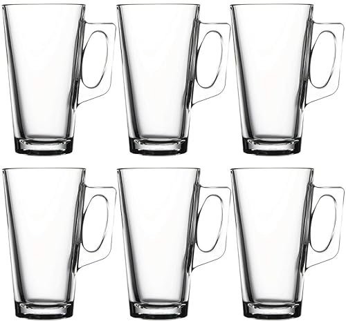 Queensway Home & Dining Tall Glass Coffee Mugs with Comfortable Handle - Ideal for Tea and Juice, Clear and Durable, Dishwasher Safe, 385ml Capacity for Hot & Cold Drinks