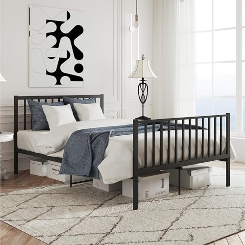 XINBEDEU Small Double Metal Bed Frame 4ft6 Modern Style Bed Frame with Headboard and Footboard, Under-bed Storage, No Box Spring Needed (Black, Double)