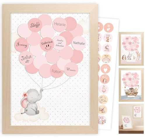 Babyparty Gästebuch, Taufgeschenke Gästebuch Geburtstag, Baby Shower Deko, Babyparty Gender Reveal Party, Welcome Home Baby, Meine Taufe Mädchen, Elefanten Gästebild, Holzfarbe Bilderrahmen (Rosa)