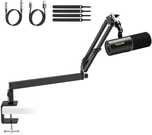 TONOR Micrófono Gaming USB/XLR con Soporte de Brazo Bajo, Micrófono Cardioide Dinámico RGB para Juegos, Streaming, Podcasting, Micrófono Metálico para PC, Mac, Botón Silencioso, TD510+