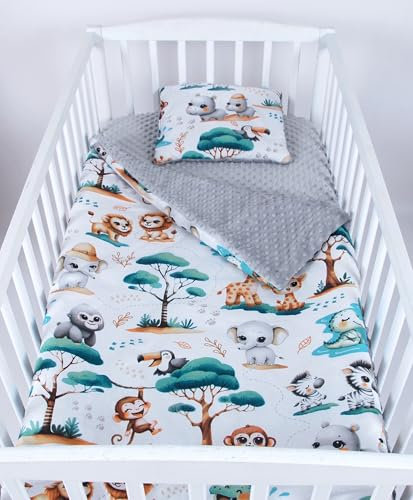 Babylux Babydecke 75x100 cm mit Kissen 30x35 cm – Kuscheldecke aus Minky & Baumwolle – Krabbeldecke für Kinderwagen, Babybett & Spielgruppe (K148 - Grau + Dschungel)