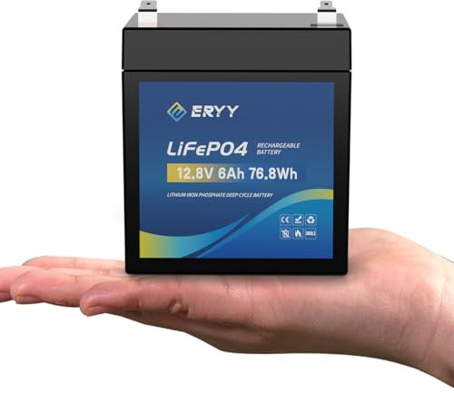ERYY LiFePO4 Battery 12V 6Ah, 4000+ Deep Cycle Mini Lithium Batteries with 6A BMS, Lightweight Rechargeable Leisure Battery for Outdoor Camping, Solar Energy Storage, Security Camera, Fish Finder