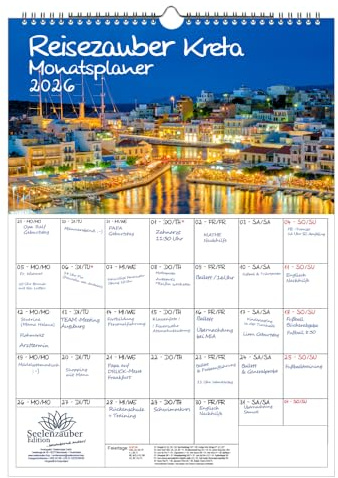 Reisezauber Kreta Planer DIN A3 Kalender für 2026 Heraklion Griechenland Strand Urlaub - SetInhalt: 1x Kalender, 1x Weihnachtsanhänger (insgesamt 2 Teile)
