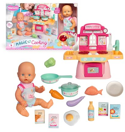 Nenuco Magische Küche, 30 cm große Puppe mit hartem Körper, inkl. 10 Zubehör zum Kochen und Mitnehmen, Küche mit Lichtern und Geräuschen zum Kochen und Frittieren, personalisierte Schürze, Berühmte