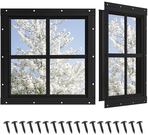 NOTASA Schuppenfenster, 2 Stück, Hühnerstallfenster 30,5 x 30,5 cm mit gehärtetem Glas, quadratischer Giebel Unterputz, kleines Fenster für Schuppen, Spielhaus, Haushalt, Garage (Schwarz)