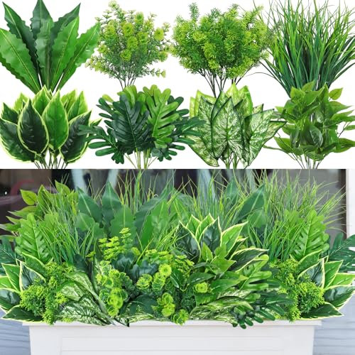 Dremisland 18 Piezas Plantas Artificial para Exteriores Plantas de Plástico Tallos Falsos Arbustos Verdes Artificiales Helechos Tallos Verdes Artificiales para Interiores Y Exteriores Porche Jardines