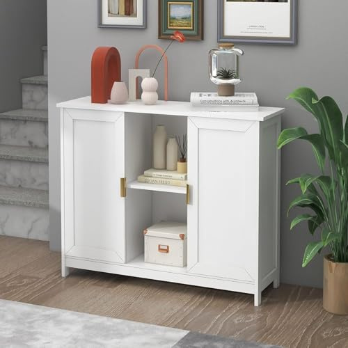 Sideboard Küche, Küchenschrank Holz, 2 Türen, offen, 30x100x78cm,Vollweiß | Platzsparend 30 cm tief, 2 Türen + 2 offene Fächer, pflegeleicht, stabil mit Kippschutz. Für Küche, Wohnraum, Flur.