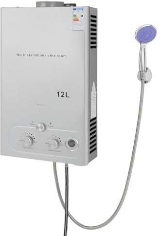 LUNICASHA Scaldacqua istantaneo a gas, 16 l/12 l/8 l, 24 kW, LPG, con display digitale e soffione doccia, scaldabagno a gas con protezione multipla, per casa, camper, barche (12 l)