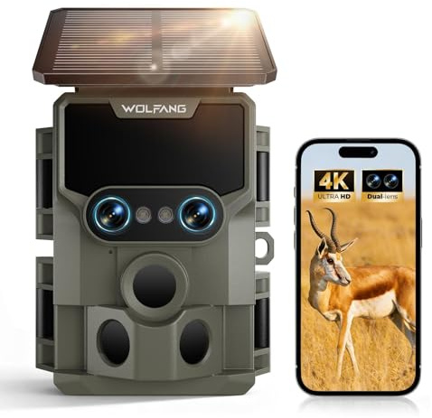WOLFANG Wildlife Camera, 64MP 4K Dual Lens Solar Trail Camera with 120° Starlight Night Vision Motion Activated, Hunting Camera IP66 Waterproof, 0.1s Trigger Time for Wildlife Recording