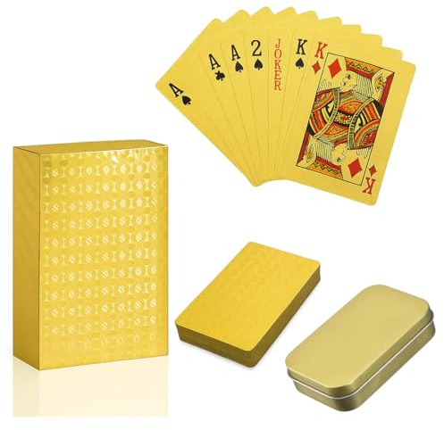 Wasserdichte Spielkarten, 54 Stück, Gold Kunststoff-Spielkarten, langlebige Spielkarten aus PVC Kunststoff, wasserdichte Spielkarten Pokerkarten für das Geschenkpartyspiel,Mit Gold Aufbewahrungsbox