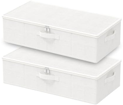 GUOHNHE Under Bed Storage Bins, for Closet, 2 Pack, White, 60x30x15 cm | Closet Containers Organizers, Foldable Under Bed Basket with Zippered and PP-board, for Blankets, Clothes, Comforters