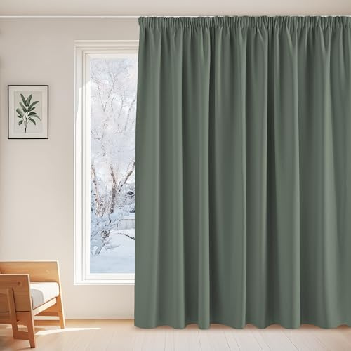 PONY DANCE Übergardinen mit Kräuselband Blickdicht Thermo Vorhänge | 1er Set, H245xB300cm, Graugrün, Thermogardine Kälteschutz, Extra Breite Vorhänge Abdunkelnd, für Schiene, für Schlafzimmer