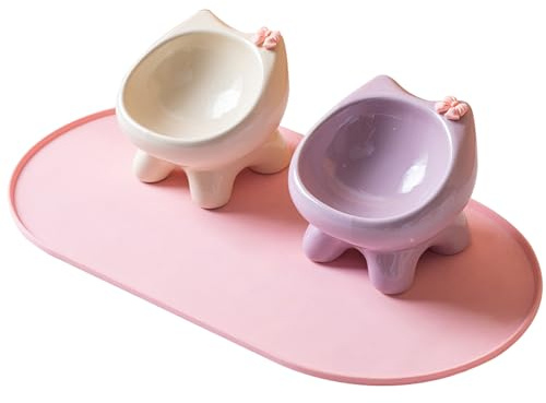 Ceramic cat bowl with mat, 2-piece set, cat shaped cat food and water container (Beige+Purple)