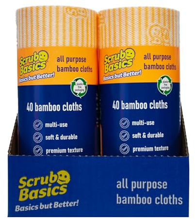 Scrub Daddy Scrub Basics All Purpose Bamboo Cloths, 6 Rolls | 6 Rolls each with 40 Sheets, Multi-Use Absorbent Towels, Soft Textured for Kitchen, Bathroom & Home