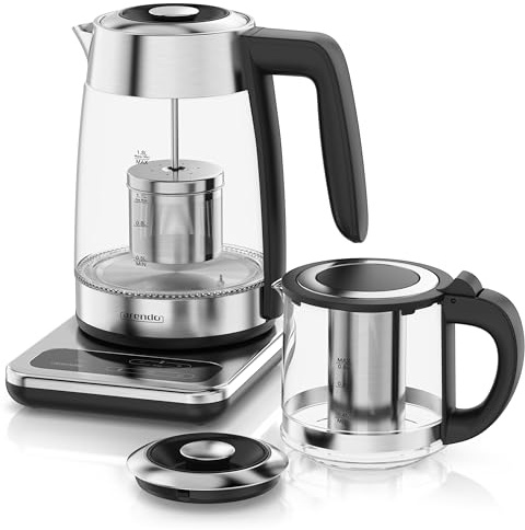 Arendo - Wasserkocher Glas inkl. Teekocher - mit Temperatureinstellung 1,8 Liter - Edelstahl Teekocher 0,8 Liter mit Sieb - 2200 W – Überhitzungsschutz – Temperaturauswahl 40° - 100°C - Warmhalten