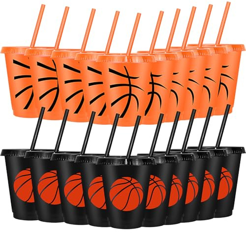 20 Pack 475 ml Plastic Basketball Tumblers with Lids and Reusable Straws | Black and orange basketball cups for sports parties, team events, training; suitable for iced coffee and cold drinks
