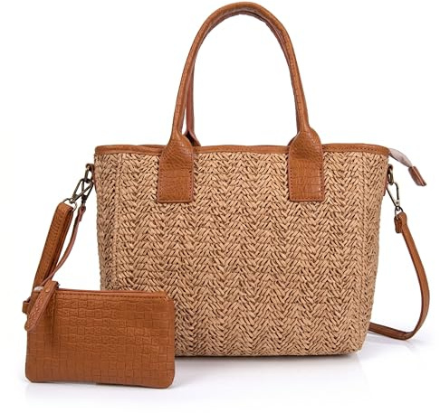 Bolso Rafia Mujer - Tote Bag de Paja Tejida a Mano con Asas de Cuero PU - Bolso Bandolera Ajustable, Incluye Monedero Pequeño, Bolso de Verano y Playa con Cierre Seguro (Marrón)