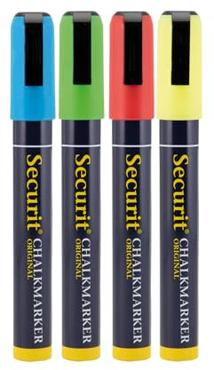 SECURIT - Set Da 4 Pennarelli A Gesso Liquido Assorti -Per Lavagne, Vetro, Metallo, Porcellana, Specchio, Plastica - Punta Media 2-6mm - Colori Giallo, Verde, Rosso, Blu