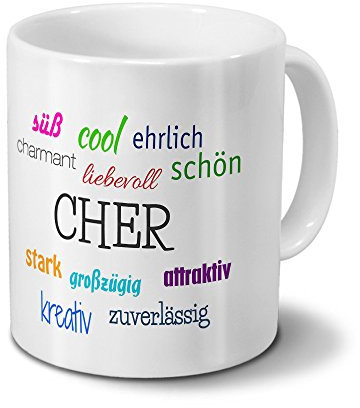 printplanet Tasse mit Namen Cher - Motiv Positive Eigenschaften - Namenstasse, Kaffeebecher, Mug, Becher, Kaffeetasse - Farbe Weiß