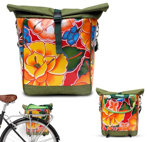IKURI Fahrradtasche für Gepäckträger Satteltasche Einzeltasche Packtasche, abnehmbar, mit Tragegurt zum Umhängen, aus Wachstuch, UNISEX, Wasserdicht - Modell Tehuana Rot
