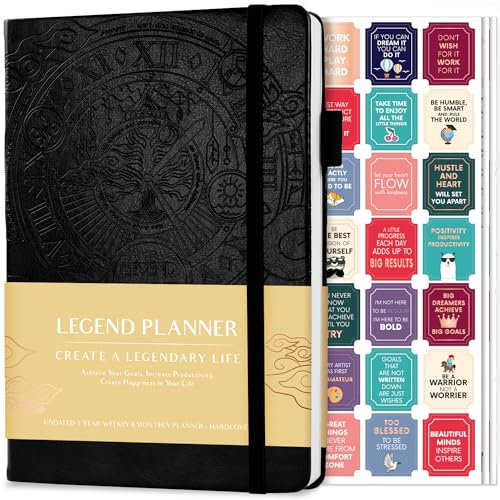 Legend Planner - Planificateur de vie hebdomadaire et mensuel non daté pour atteindre vos objectifs et vivre plus heureux. Carnet organiseur et journal de productivité pour homme et femme. Couverture rigide A5 - Dure 1 an - Avec autocollants. A5 (5.8'' x 8.3'') Black (Undated)
