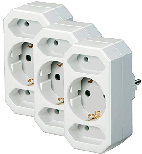 Brennenstuhl Mehrfachsteckdose, Steckdosenadapter 3-Fach mit erhöhtem Berührungsschutz (2 x Eurosteckdose und 1 x Schutzkontakt) weiß (3 Stück)