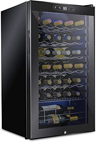 Schmecke 34 Bottle Compressor Wine Cooler Refrigerator w/Lock | Large Freestanding Wine Cellar | 41f-64f Digital Temperature Control Wine Fridge For Red, White, Champagne or Sparkling Wine - Black