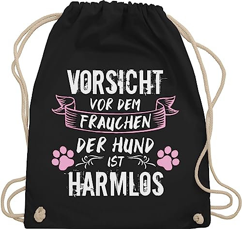 Turnbeutel Rucksack - Geschenk für Hundebesitzer - Vorsicht vor dem Frauchen der Hund ist harmlos - Grunge/Vintage - Weiß - Unisize - Schwarz - hundefans geschenke tasche hundefan gassi beutel