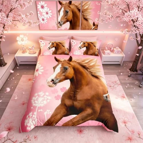 Homemissing Trapunta per cavallo da ragazza, set di biancheria da letto, con motivo animali safari, colore rosa tarassaco