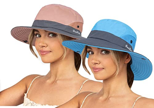 Chapeau de soleil pour femme avec protection UV,Chapeau de pêche à large bord,Chapeau d'été pour la plage, la queue de cheval en maille,Chapeau booney pour la randonnée, Bleu+rose, Taille M