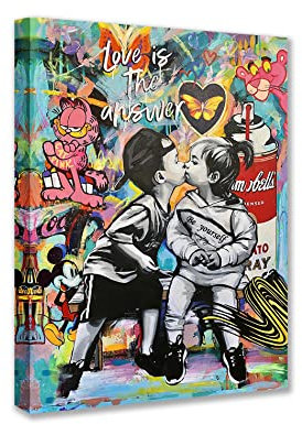 Tucocoo Banksy Straßenkunst, Leinwand, Wanddekoration, Liebe ist die Antwort, Graffiti-Gemälde, kleiner Junge und Mädchen, Kuss-Bilder, modernes Kunstwerk, 30 x 40 cm, 1 Stück