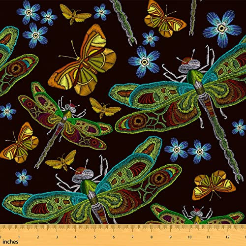Libellen Stoff Meterware Schmetterlings Blumen Polsterstoff Bestickte Blumen Tier Deko Stoffe Wildlife Pflanzen Stoff für Drinnen und Draußen Wasserdichter DIY Kunststoff Grün Gelb 92 x 150 (HxB)