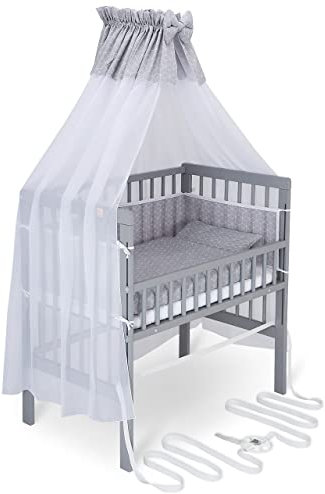 FabiMax Baby Beistellbett für Boxspringbett, TÜV geprüft 2022, inkl. Matratze und Komplett Set, Buche massiv grau, Air/graue Würfel