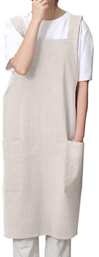 Pincy Baumwoll-Leinen-Schürze für Damen – ohne Bindebänder, gekreuzte Rückenschürze mit Taschen, ideal für Floristen, Cafés und Küche (22-Flachsfarben)