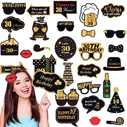 32 Stück Fotobox Accessoires Geburtstag 30. Schwarzgold,Foto Requisiten Lustig Foto Selfie Accessoires Geburtstag Deko,Photo Booth Selfie Rahmen Ideal Geburtstagsdeko Festivitäten Party Deko Zubehör